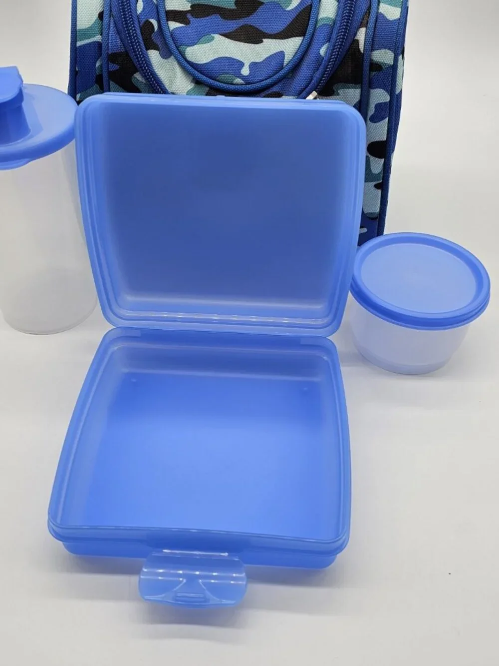 Tupperware Lunch Box Blue Camouflage Lunchbox Cup Container Sandwich Keeper 4 Pc